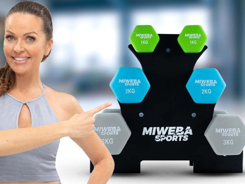 Miweba Sports Hantelset Kurzhanteln | Kurzhantel Set mit Hantelablage - 6-tlg - Kurzhanteln 1 kg Grün, 2 kg Türkis, 3 kg Grau - Neopren Hanteln