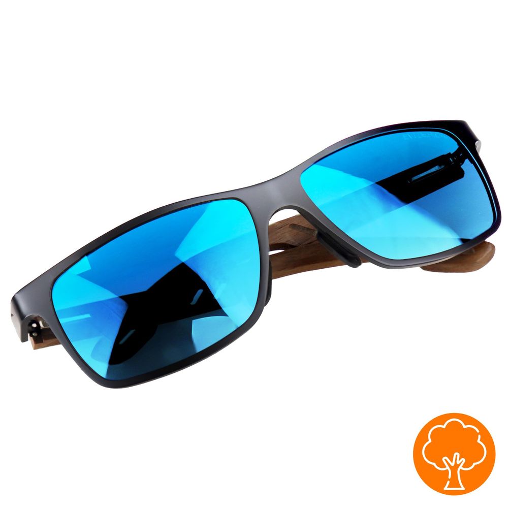 Sonnenbrille Herren Polarisiert UV400, Blaue Gläser Holz Sonnenbrille Nerd-Stil, Walnussholz-Bügel inkl. Etui & XXL-Zubehör, EVI DESIGN Blau