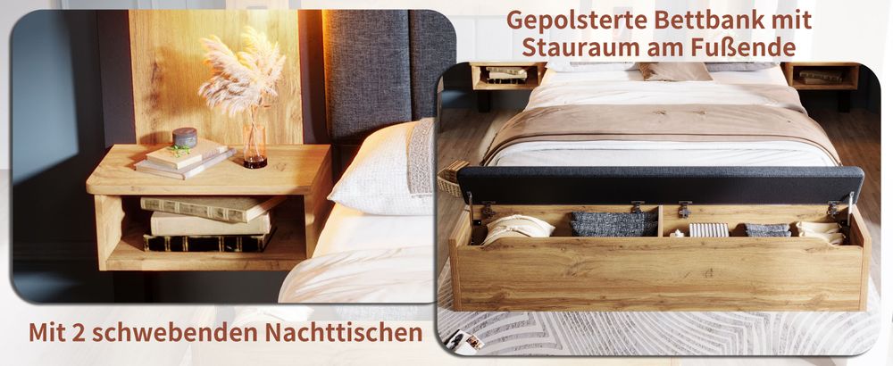MODFU Doppelbett Holzbett 180×200cm mit Gepolstertes Kopfteil, Bettanlage mit Leselampe und USB C Nachttisch und Sitzbank mit Stauraum, Bettgestell mit Lattenrost, Eiche(Ohne Matratze)