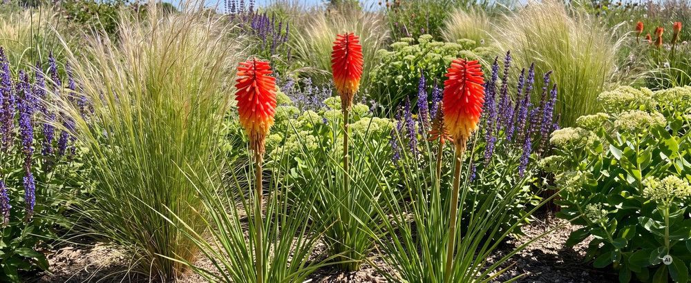 Kniphofia 'Papaya Popsicle' im sonnigen Präriebeet
