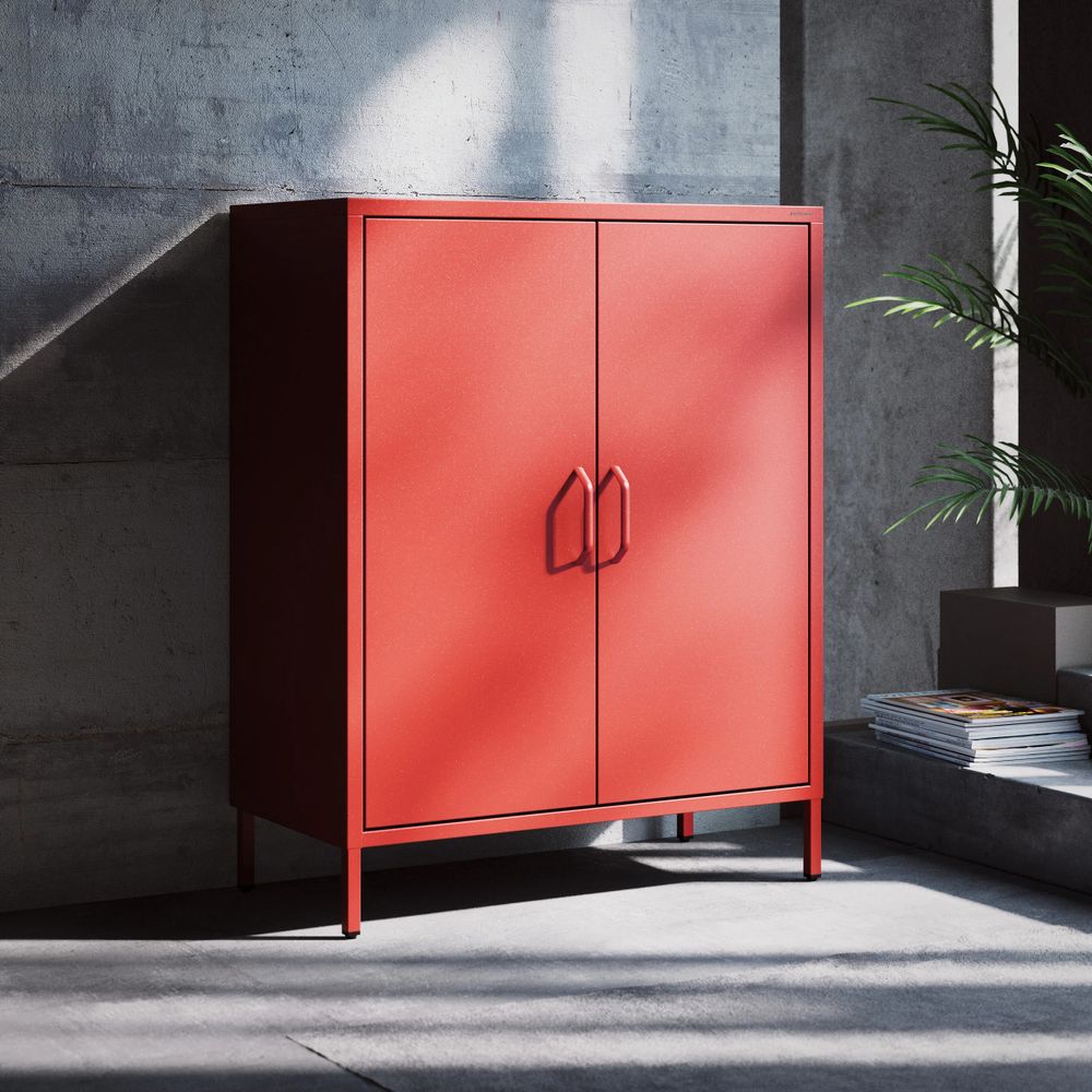 Jan Nowak Kommode mit Doppeltür VITO kleiner Schrank Magnetverschluss verstellbare Einlegeböden Metall Wohnzimmer Flur, 80 x 101,5 x 40 cm, Rot