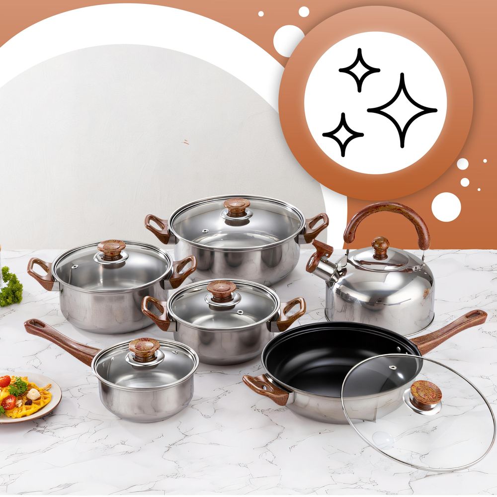 Topfset, Pfannenset mi Flötenkessel, 12-teilig | Kochtopfset | Kochtöpfe | Töpfe mit Glasdeckel | Silber, Edelstahl | Retoo