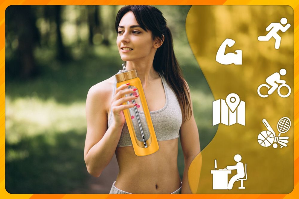 Kuketo | Glas Trinkflasche 1,2 L Mit Strohhalm & Sieb – Wasserflasche Gelb Für Getränke, BPA-Frei, Auslaufsicher & Stilvoll Für Alltag & Fitness