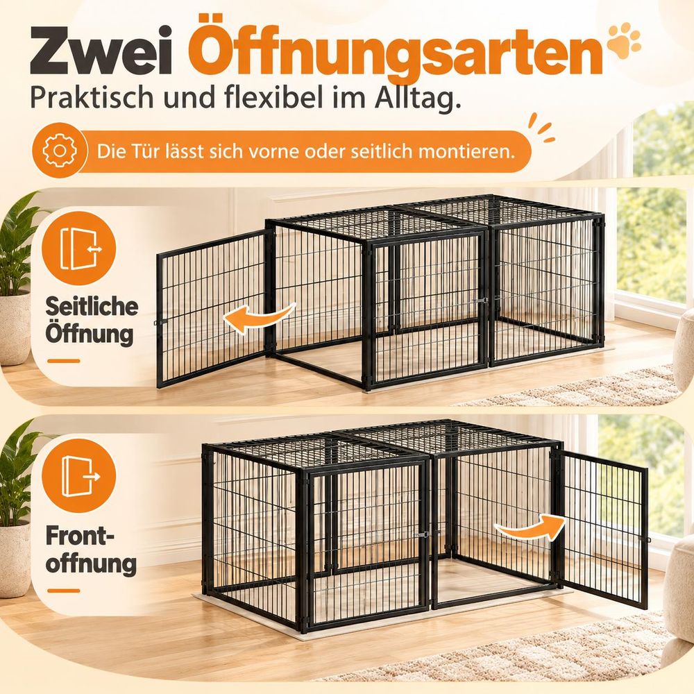 Basics Modulare Hundebox 160x80x80 cm, Flexibler Hunde-Käfig mit Sicherheitsdeckel & Verstellbarer Tür, Aus Stahl mit Rostschutz, inkl. PVC-Auflage, Schwarz Black