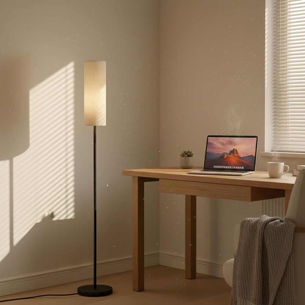 MasterLED Stehlampe E27 Rattan-Optik 150cm - Moderne Boho Standleuchte Wohnzimmer Schwarz - Stoffschirm Zylinder Textil