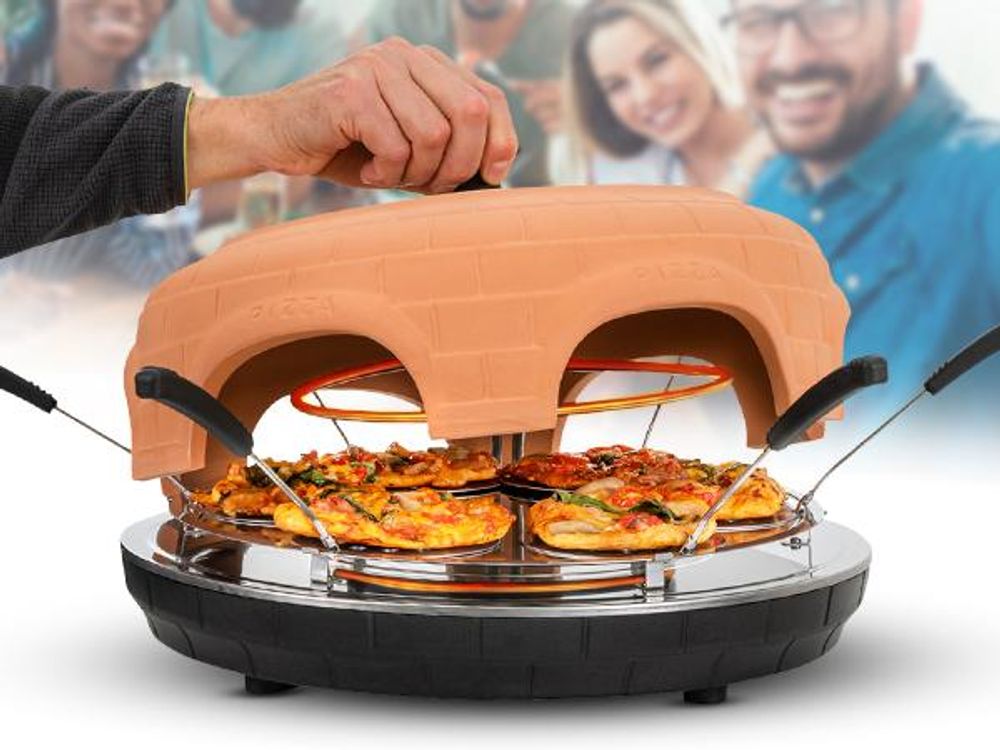 Heidenfeld Mini Pizzaofen Pizzachef | 1.100 Watt - Pizzadom ⌀ 40.0 cm - Für 6 Personen - Terrakotta-Kuppel - Bis 300 °C - 6 Pizzaschieber ⌀ 10,5 cm
