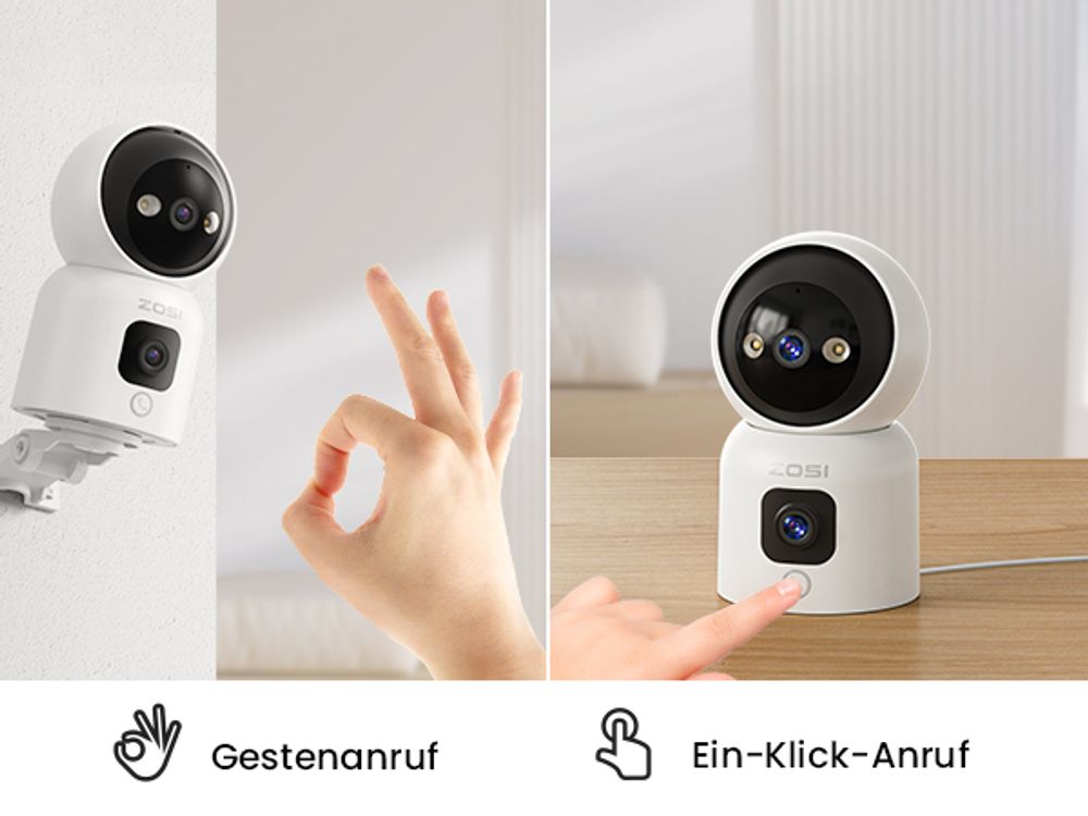 ZOSI Überwachungskamera Innen mit Dual-Linse 3MP+3MP, 2,4/5GHz WLAN, Personenerkennung und Verfolgung, Taste/OK-Geste-Anruf, Farbnachtsicht, C528D