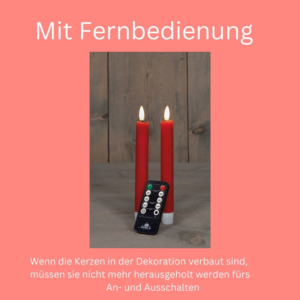 Stabkerzen LED mit Timer ROT 4 Stück ROT indoor - 6 Stunden - ECHTWACHS 18cm Höhe für Kerzen 2,2cm Durchmesser 2 AAA Batterien notwendig LED Stabkerzen flackernde Flamme bewegliche Flamme Licht