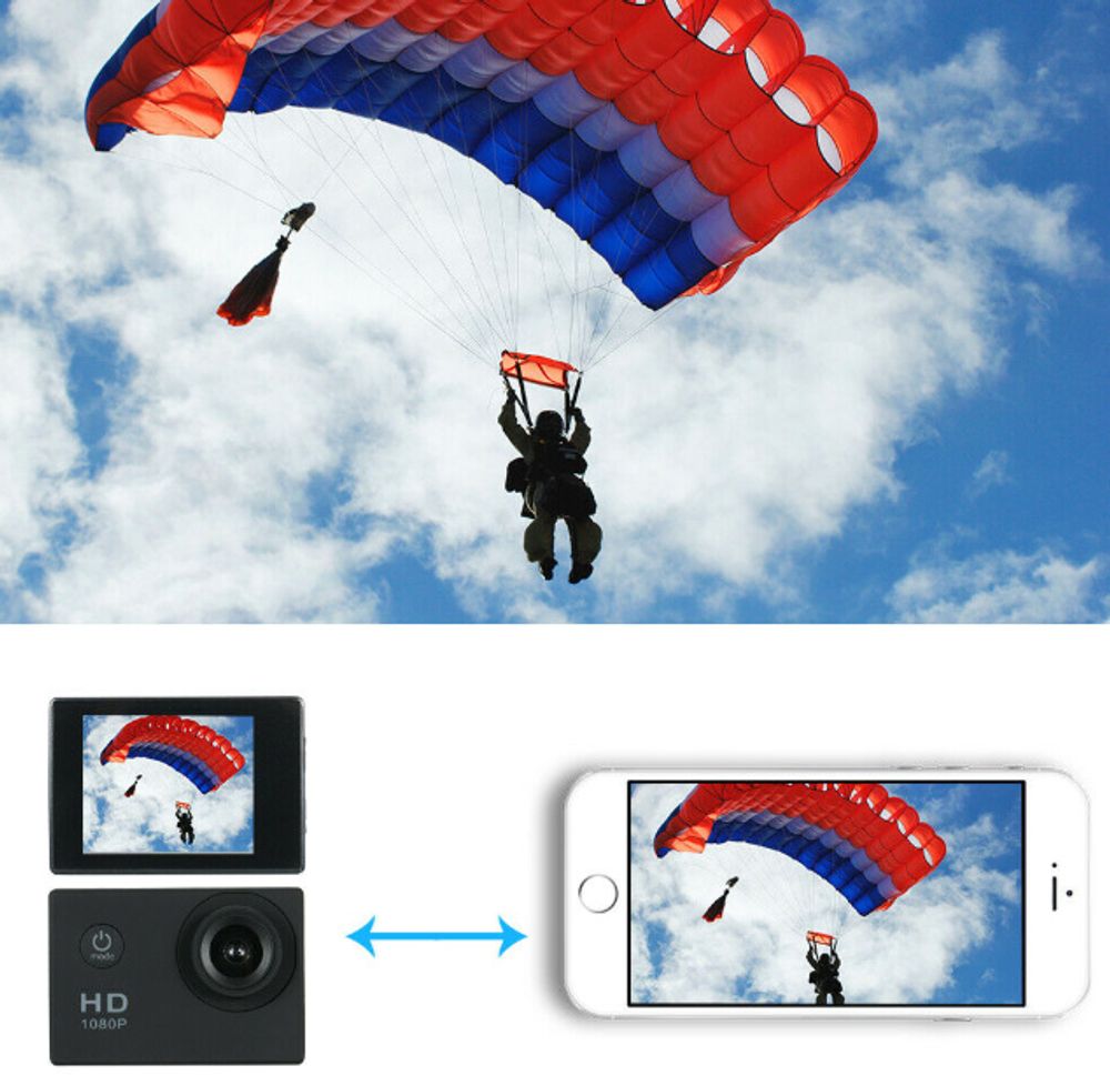 Action Cam Wasserdicht Unterwasserkamera Weitwinkel Helmkamera für Fahrrad Motorrad Tauchen Bildstabilisator Akku 400mAh 1080P Full HD Schwarz Retoo