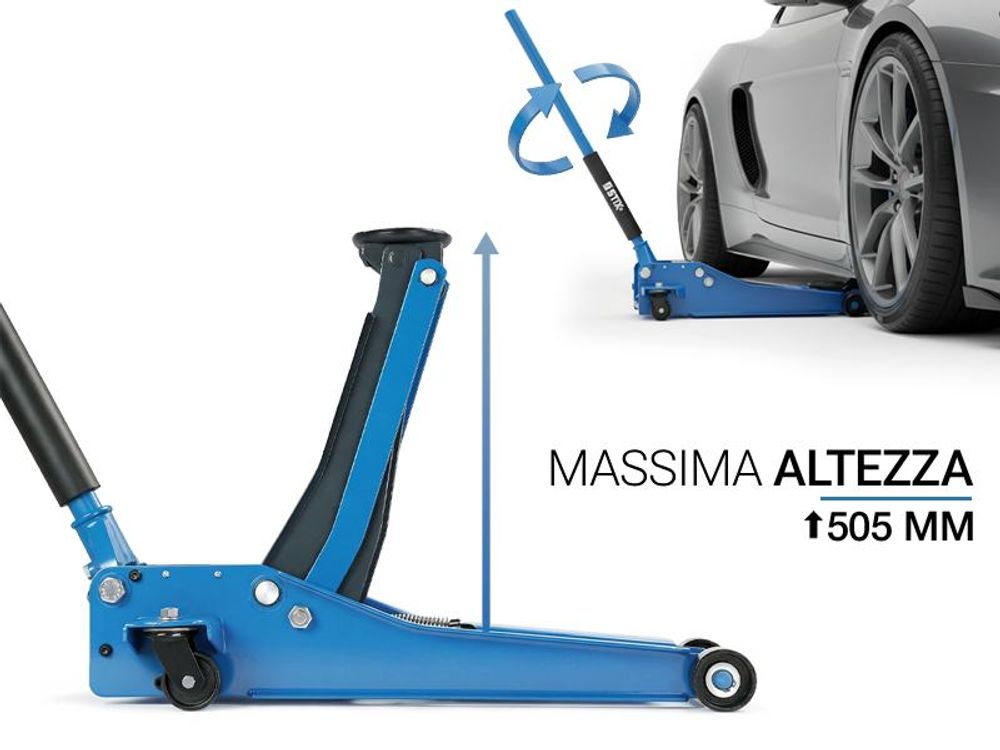 Sollevatore idraulico per autovetture PLN-01, capacità 3T, altezza di sollevamento 75–505mm, modello a doppio pistone