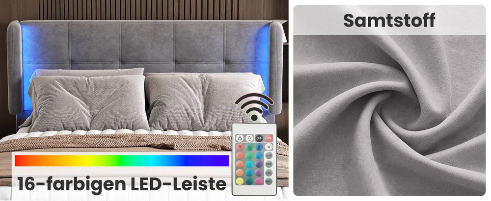 MODFU Polsterbett Funktionelles 140x200 mit Matratze,Doppelbett Jugendbett mit 16-farbiger LED-Beleuchtung und Verstellbares Kopfteil,Samt,Grau