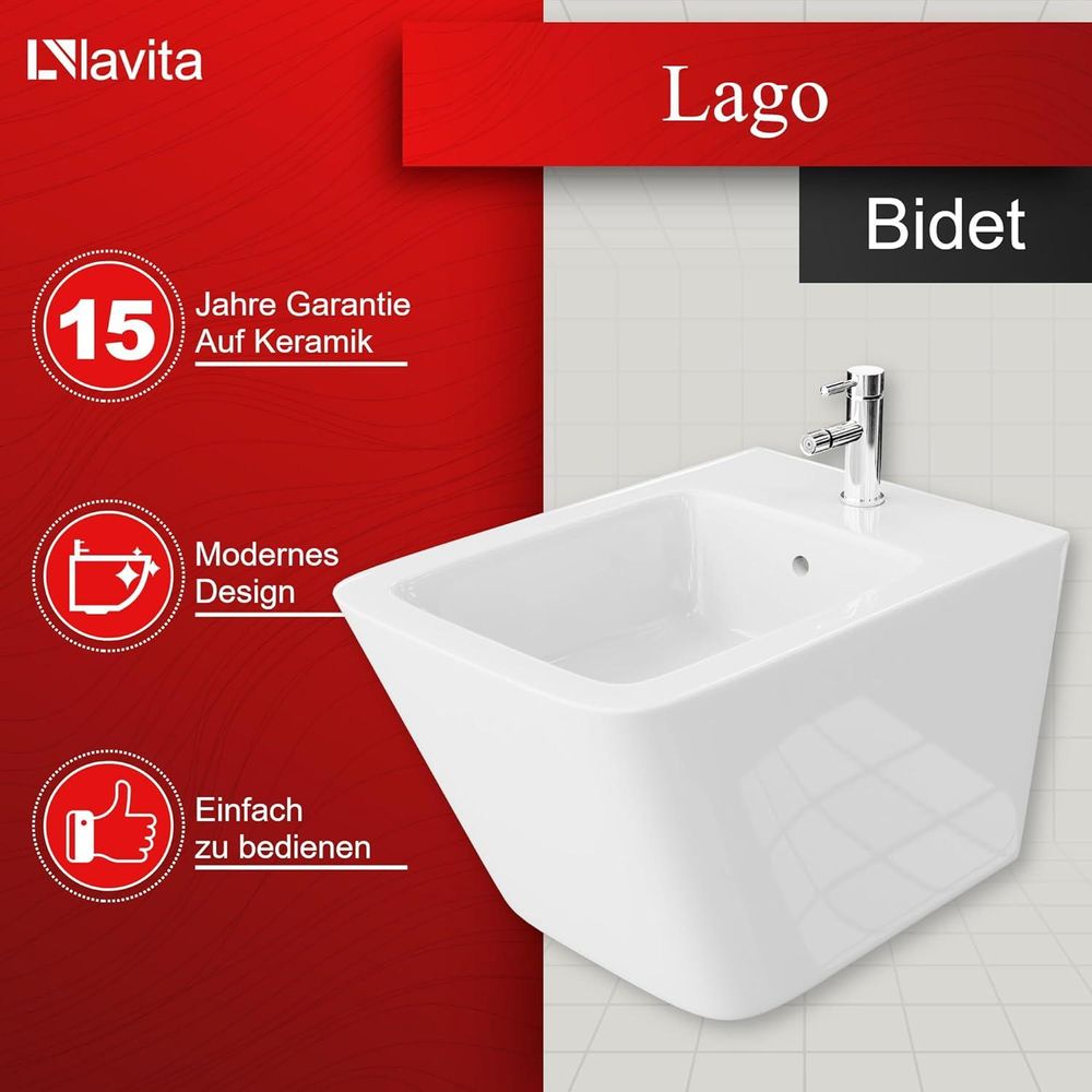 LAVITA Universal Wand-Bidet Lago mit Hahnloch und Überlaufschutz aus Keramik | Sitzwaschbecken zur Montage an der Wand | Hygienisch und Pflegeleicht | 34x48,5x32,5 cm |