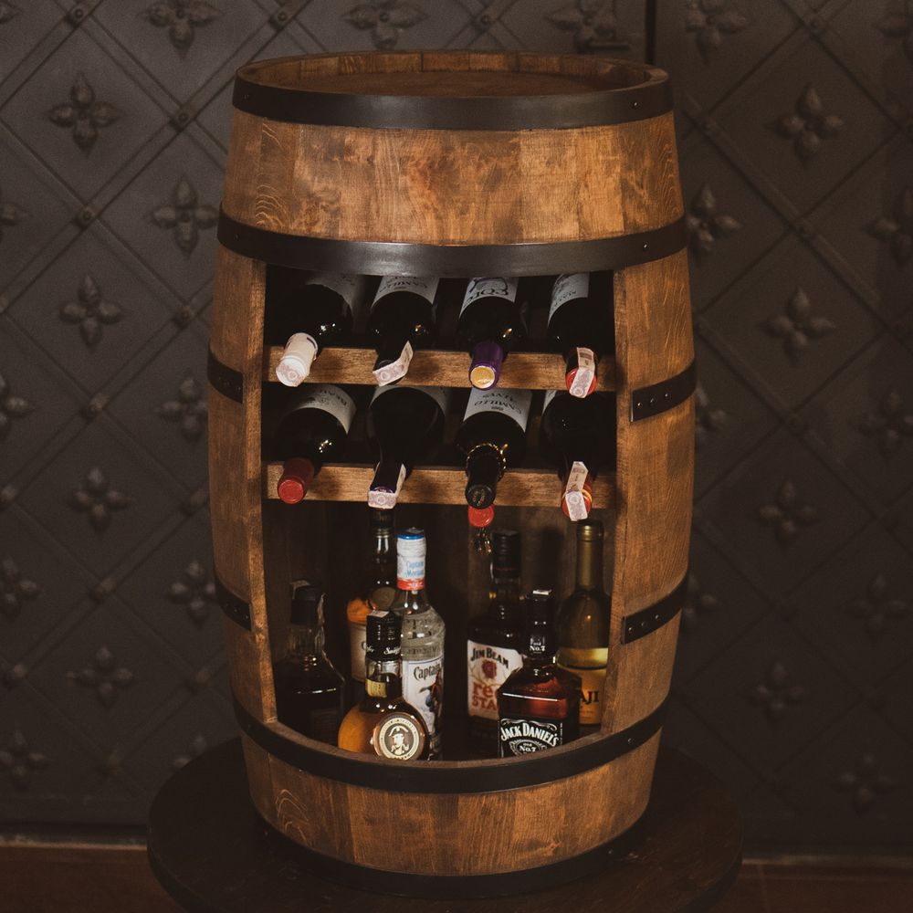 Creativecooper Weinfass Stehtisch - Weinregal - Weinfass - Weinbar - Fass bar - Fass - Mini Bar Regal mit Wine Bottle Holder- Alkohol Shrank - Wein bar - Flaschenregal Holz Regale - Holzfass Deko Hausbar Theke - Fassmöbel - 8X Flashenhalter - Ein Geschenk für ihn - Fassbar Minibar 80cm (Wenge)