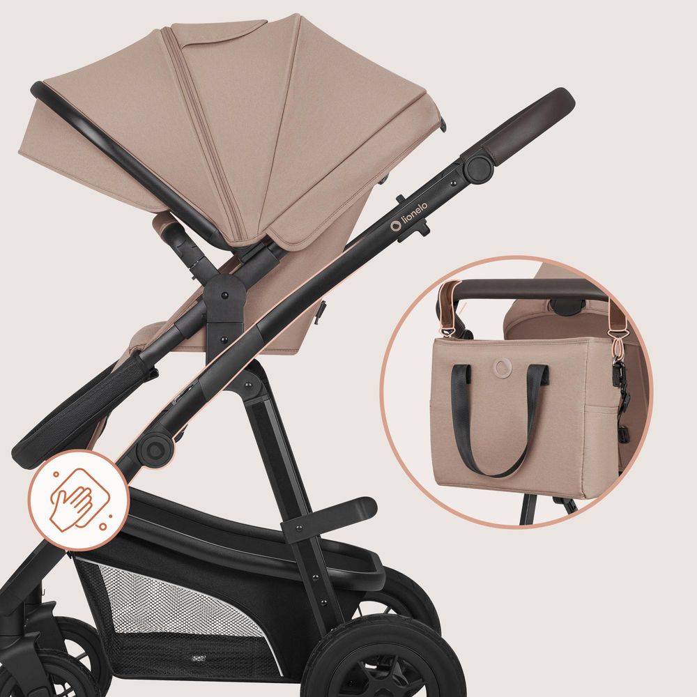 Lionelo Bianka 3in1 Kinderwagen, Autotransporter, Autositz, klappbar, Travel System Rückenlehne verstellbar 360o Räder Polsterung, Verdeck XXL-Beige