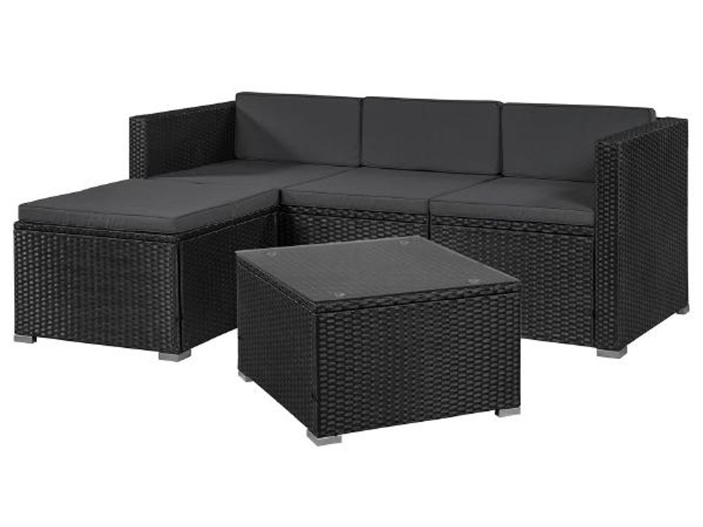 Juskys Polyrattan Lounge Punta Cana M schwarz – Gartenlounge Set 3-4 Personen – Sitzgruppe mit Sofa, Tisch & Hocker - Sitzbezüge Dunkelgrau
