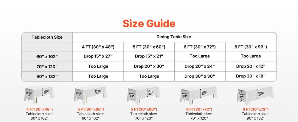 VEVOR Weiße Tischdecken für rechteckige Tische, 6er-Pack, 60 x 102 Zoll, wiederverwendbare und maschinenwaschbare Tischdecken, knitterfreies Polyestergewebe Tischüberzüge für Hochzeit, Party, Bankett, Weiß-6 Stück-c, 2286x3353 mm