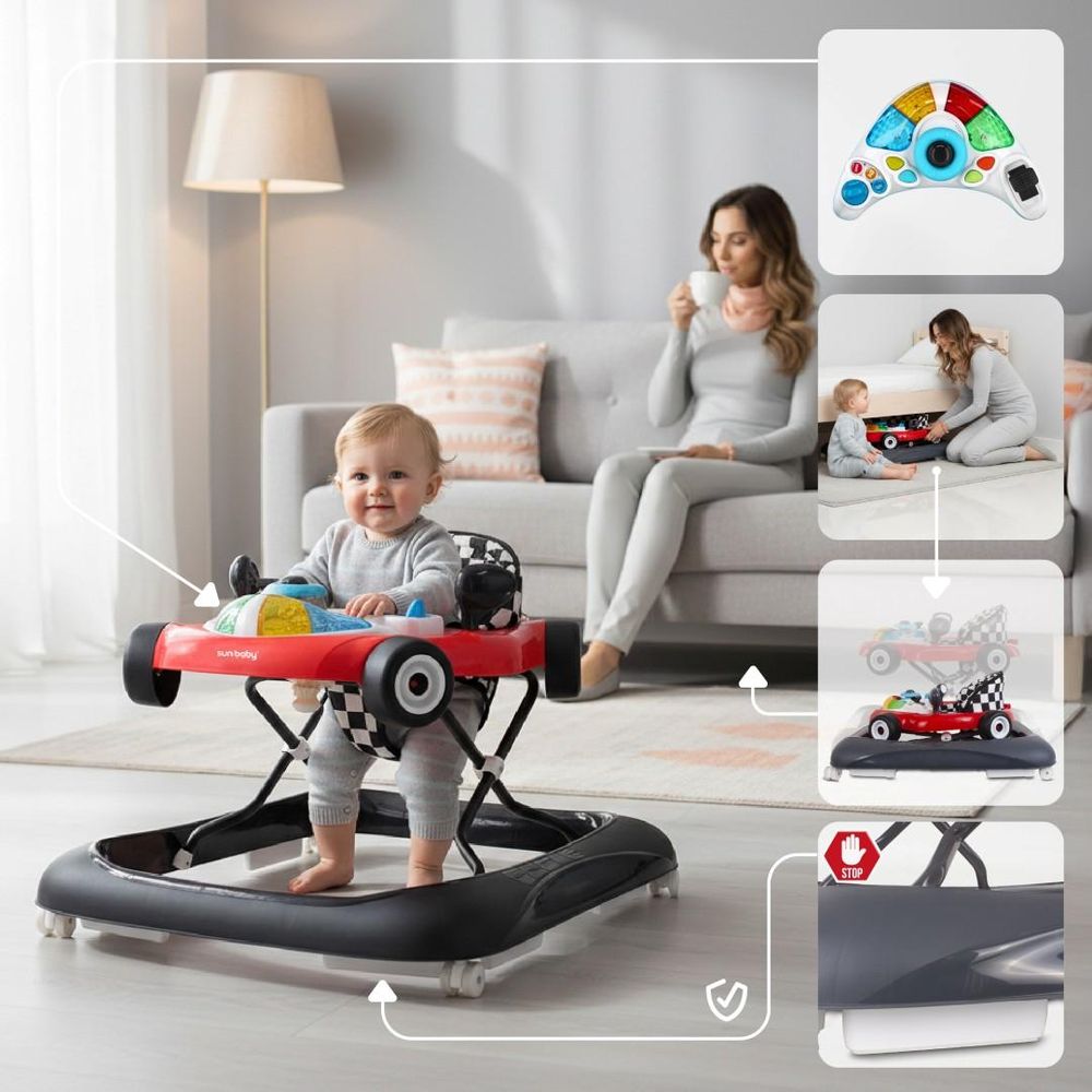 Bebé usando el tacatá con panel interactivo y detalles del tablero de juegos.