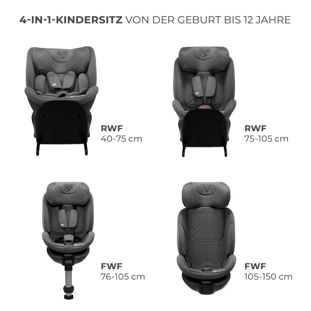 Kinderkraft XRIDER 2 i-Size - Autositz 40-150 cm - RWF bis 21 kg - 360° drehbar - SPS+, H-GUARD+ Systeme - 8 Liegepositionen - Memory-Schaum - Grau