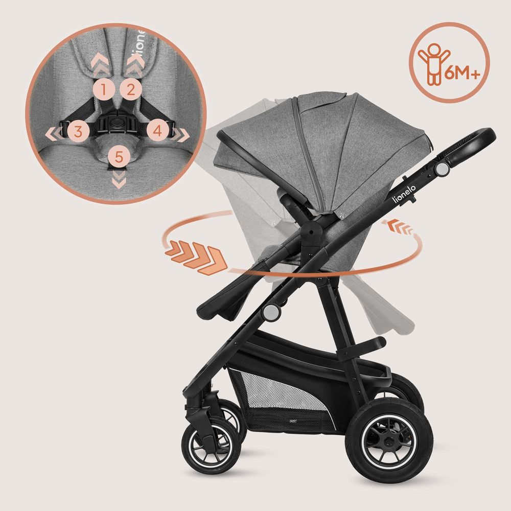 Lionelo Bianka 3in1 Kinderwagen, Autotransporter, Autositz, klappbar, Travel System Rückenlehne verstellbar 360o Räder Polsterung, Verdeck XXL-Grau