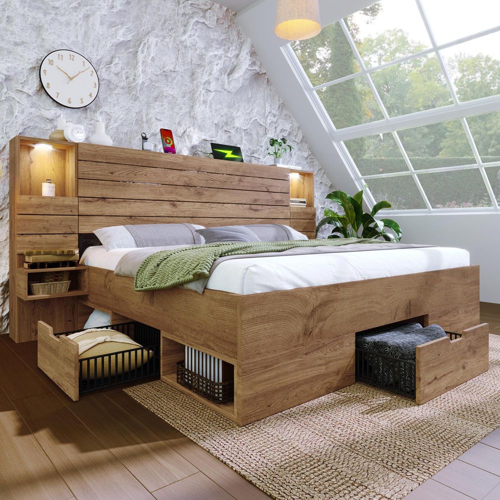 Flieks Stauraumbett Doppelbett 160x200cm mit USB & Type-c, Jugendbett Holzbett mit LED, Funktionsbett mit Schubladen, offene Fächer & Nachttisch, Oak