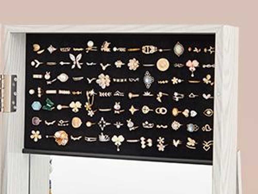 SONGMICS Schmuckschrank, 360° drehbar, Ablagen auf der Rückseite, Ganzkörperspiegel, abschließbarer Schmuckorganizer, mit kleinem Spiegel, weiß mit Holzmaserung CBJ62W