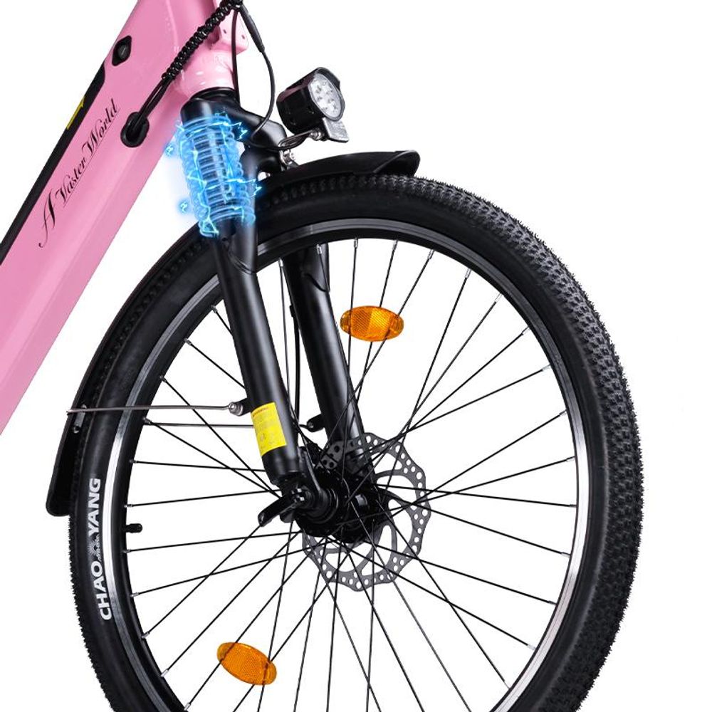 AVDL A32 elektrische stadsfiets, roze, 26 inch, 460 Wh accu, 250 W motor, Shimano 7 versnellingen, schijfremmen, lcd-display
