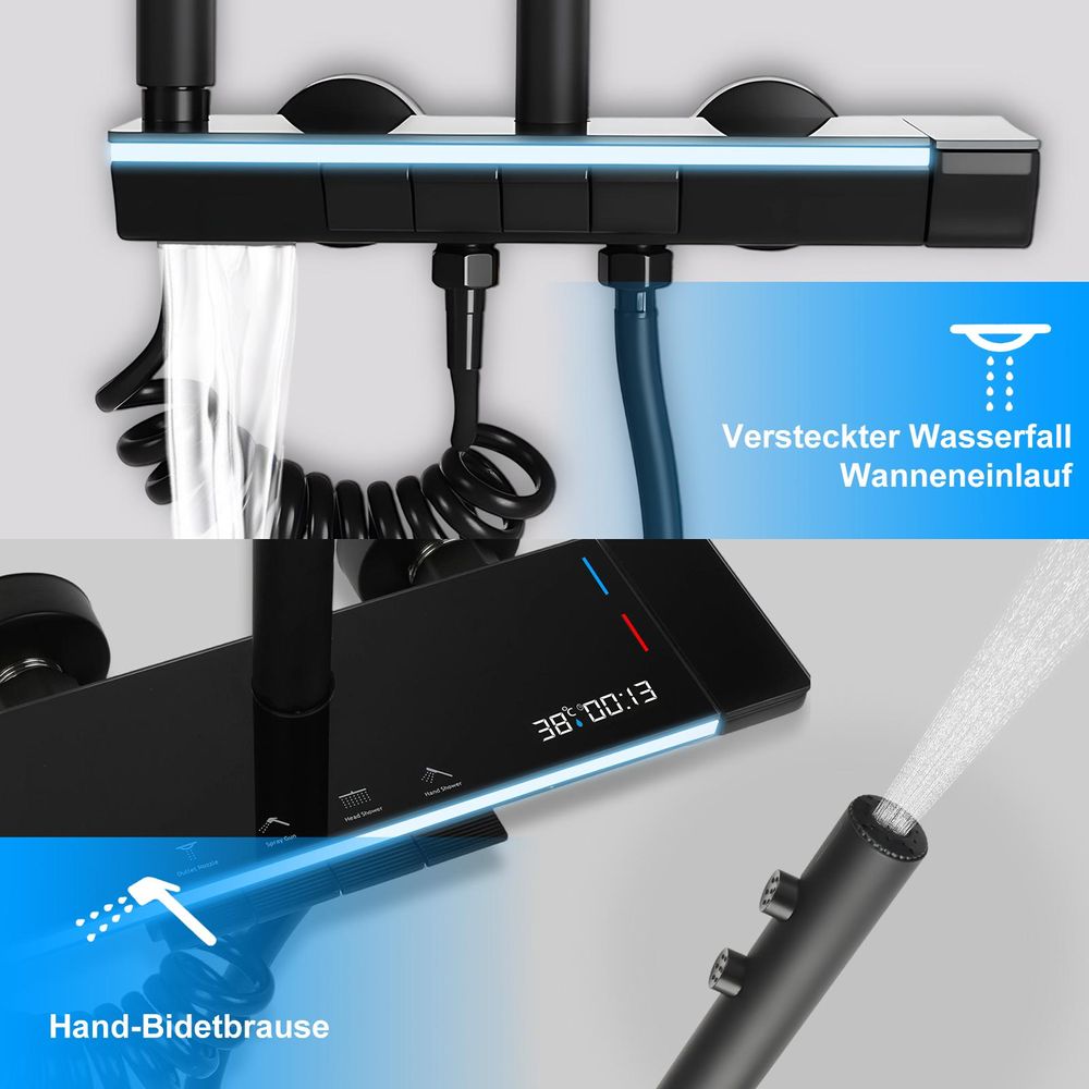 Schwarzes Duschsystem mit Regendusche, 4 Wasserfunktionen, LED Wasserlicht & Luftdruck-Technologie, höhenverstellbare Duschsäule mit Handbrause