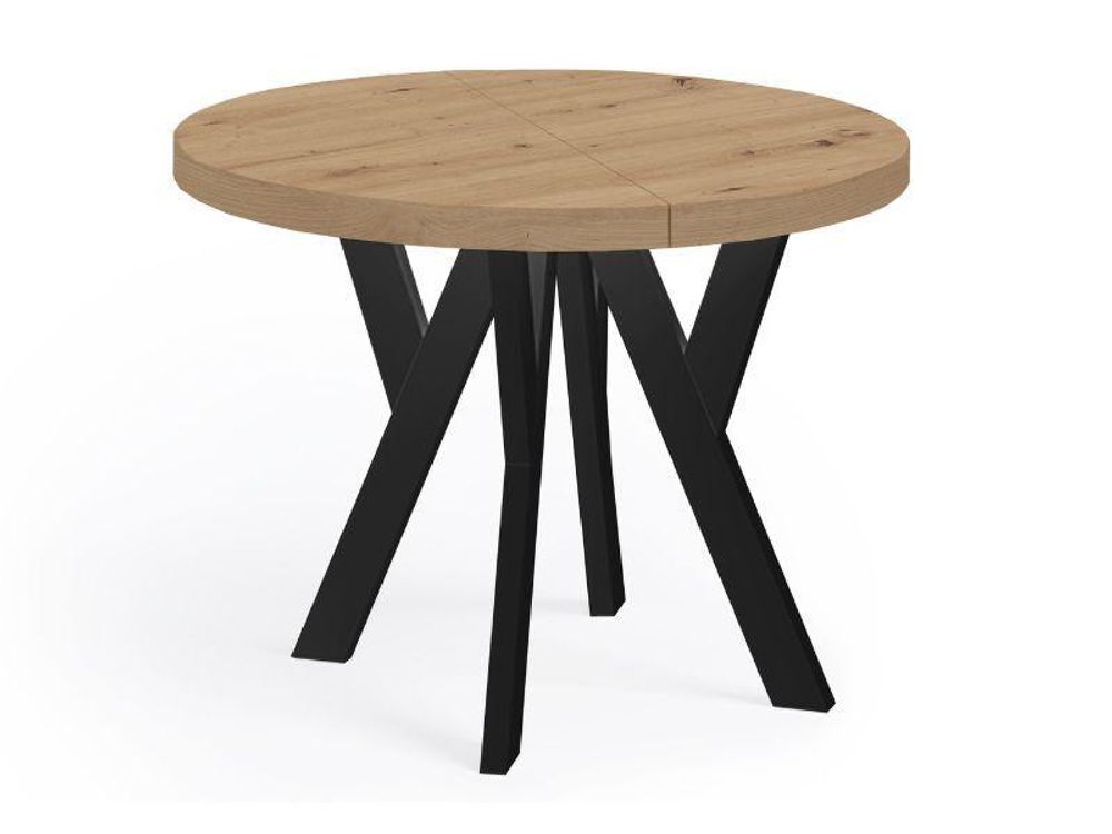 Dekori Runder Ausziehbarer Esstisch für Esszimmer, Wohnzimmer PERO, Loft-Stil, Skandinavische, Durchmesser 100 / 200 cm, Farbe: Eiche Sonoma / Schwarz