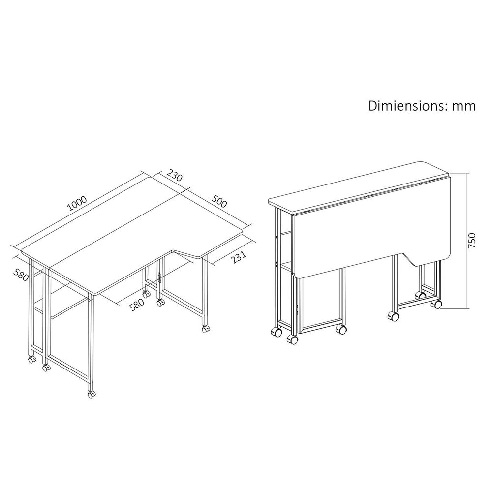Klappschreibtisch / Beistelltisch Maclean weiß mobil 100 x 73 cm max. 50 kg eckig L-Form MC-126 L/W