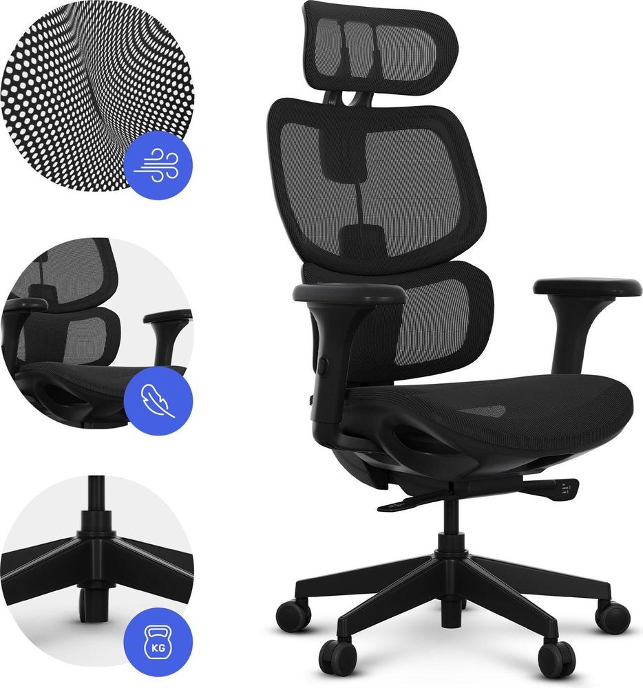 SENSE7 Nobu Ergonomiczne krzesło biurowe, czarne, z podłokietnikami 3D, zagłówkiem, oparciem z siatki i funkcją kołysania – fotel biurowy do domowego biura, nośność 130 kg