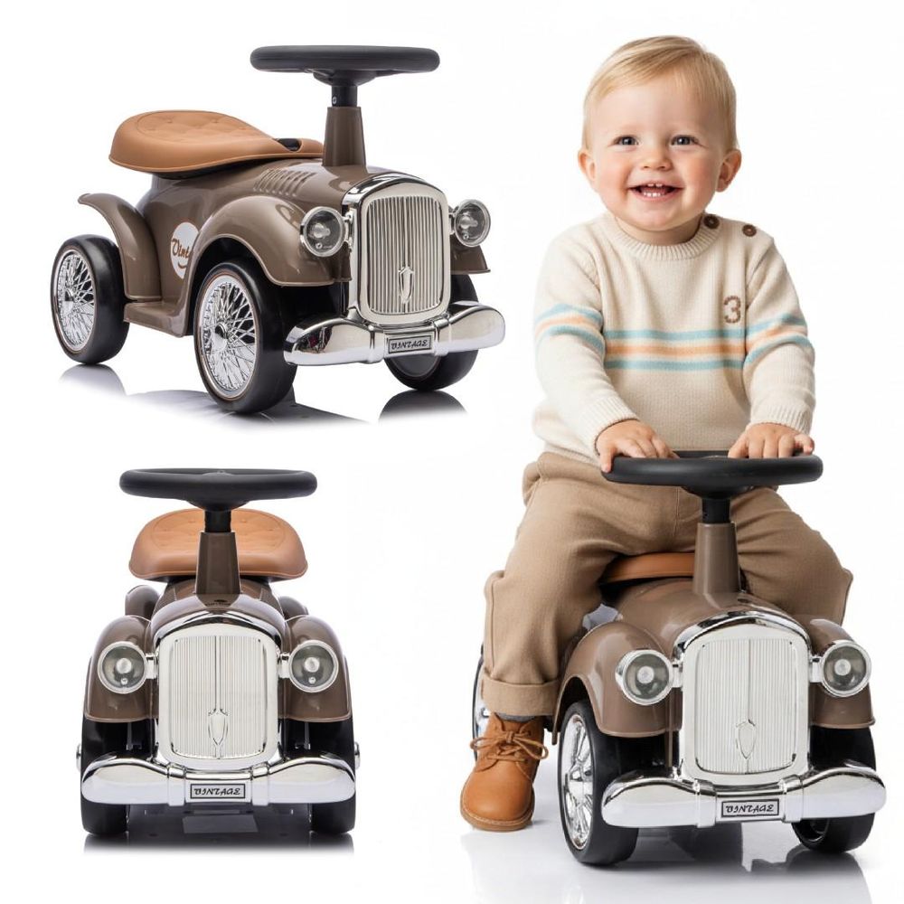 Correpasillos SUN BABY con diseño retro y detalles cromados, visto de frente y lateral con niño sen…