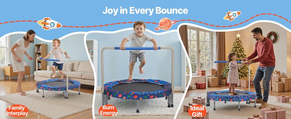 VEVOR 36" Kindertrampolin, 3FT Indoor Outdoor Trampolin, faltbares Mini-Trampolin mit Griff, Rebounder-Trampolin für Kleinkinder, Geburtstagsgeschenk für Kinder ab 3 Jahren, Jungen und Mädchen für Spaß, Rot, Blau, Runder Trampolin-b