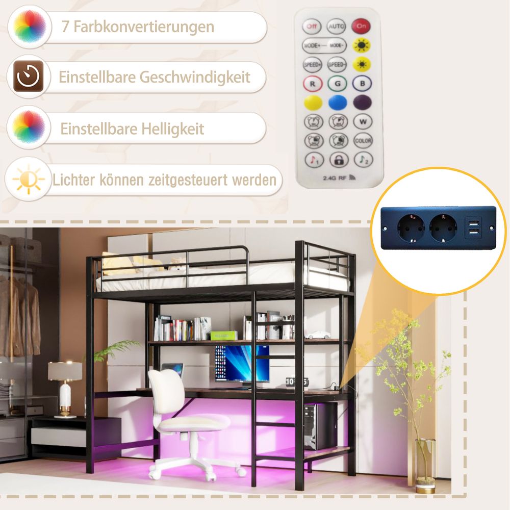 MODFU Hochbett 90x 200 Jugendbett mit LED-Leuchten&Schreibtisch,mit USB- und Stromanschluss,Einzelbett ohne Matratze,Schwarz