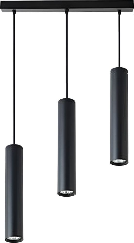 Pendelleuchte mit verstellbarer Höhe, drei schwarze zylindrische Schirme.