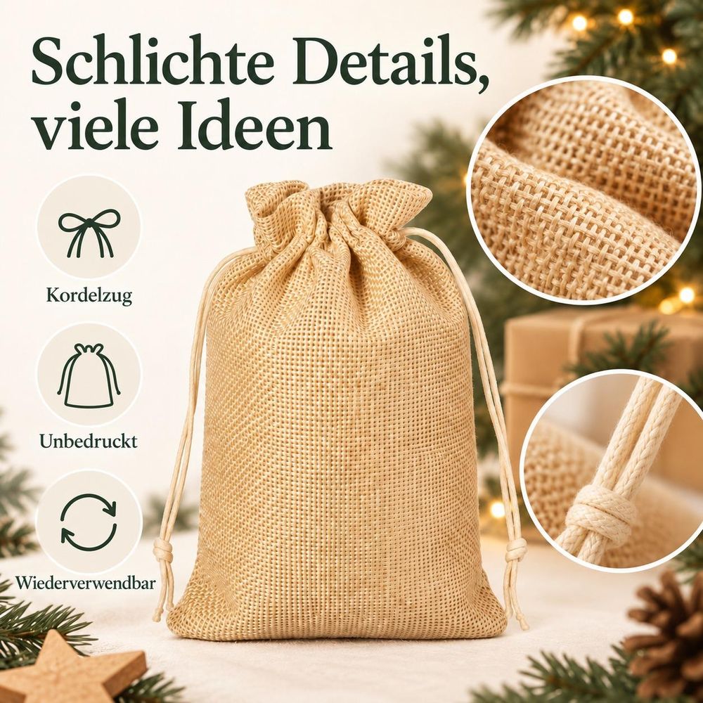 Detailansichten von Gewebestruktur und Kordelzug eines naturbeigen Säckchens