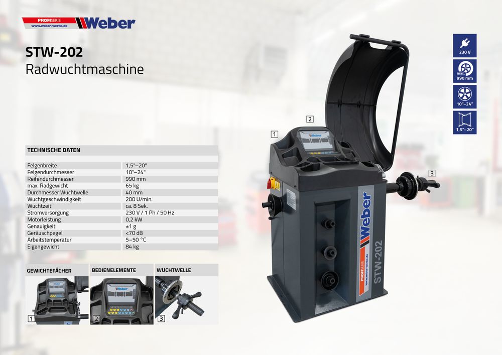 Das Bild zeigt den Überblick der technischen Daten der Weber Radwuchtmaschine STW-202.