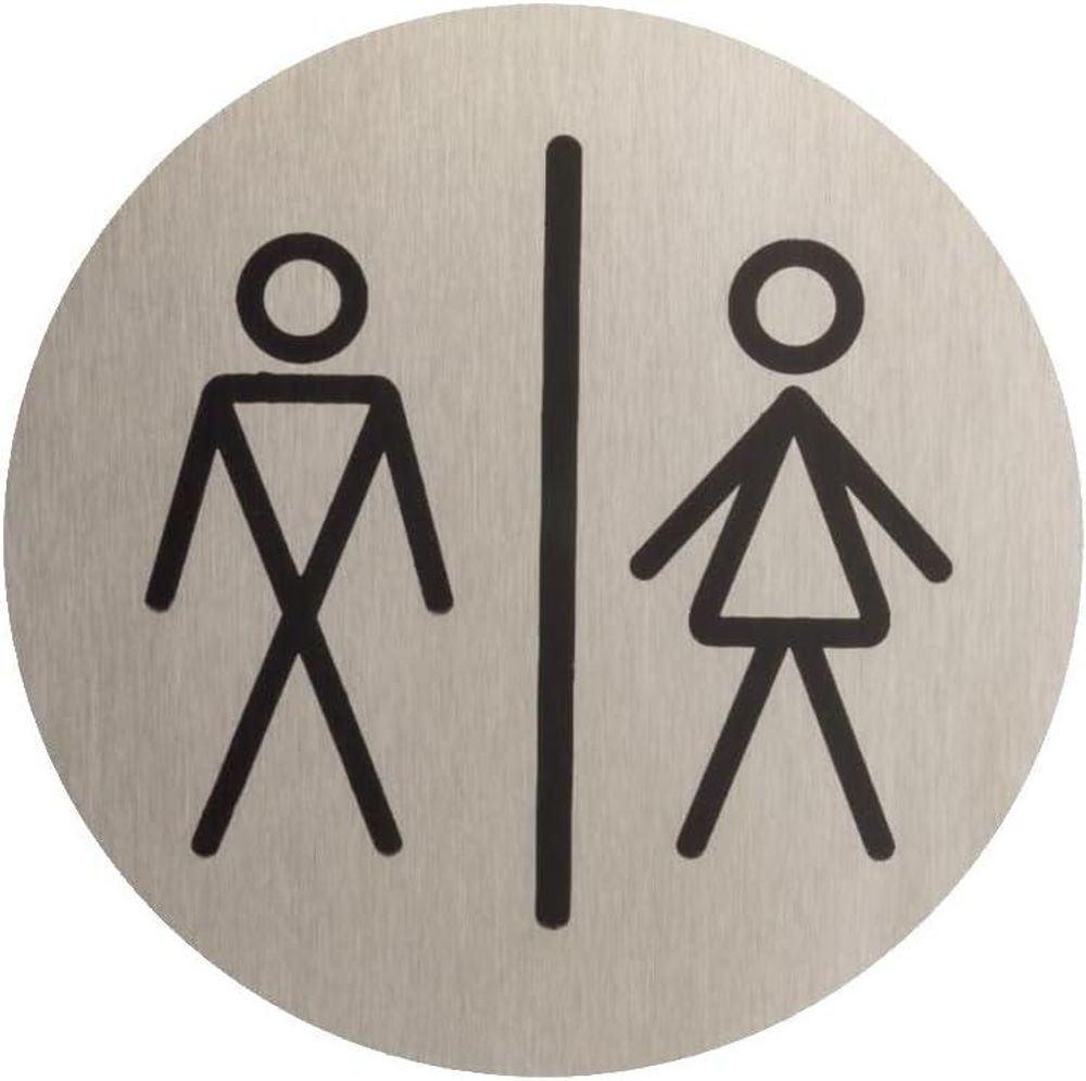 DOMINO WC Schild Selbstklebend 6,5 cm | Toilettenschilder WC | Türschild Gäste | Idealer WC Aufkleber | Toiletten Schild | WC-Schilder für Büros, Restaurants | Farbe: INOX
