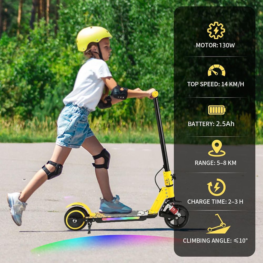 Elektroroller Kinder mit Schutzausrüstung, Elektroscooter Für 6–12 Jahre, 130W, 14 km/h, 5–8 km, LED-Display, Stoßdämpfer, Klappbar E-Scooter Gelb