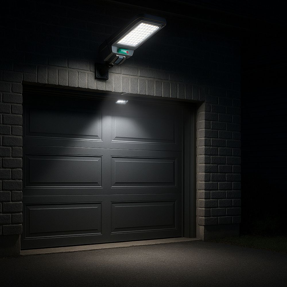 Heller LED-Strahler über dem Garagentor, sorgt für effektive Außenbeleuchtung bei Nacht.