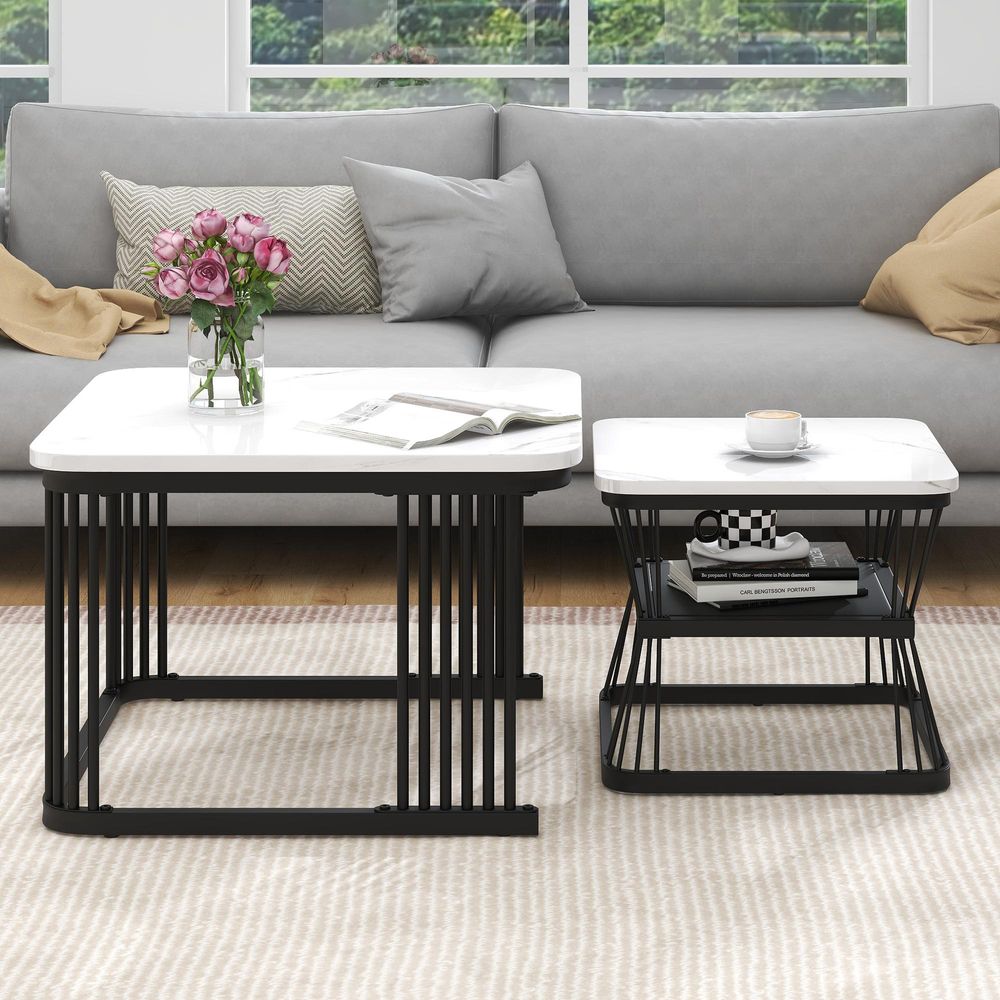 Merax 2er Set Couchtisch mit Marmormuster und Metallrahmen, Satztisch Beistelltisch Kaffeetisch, 65x45cm+45x39.5cm, Schwarz/Weiß