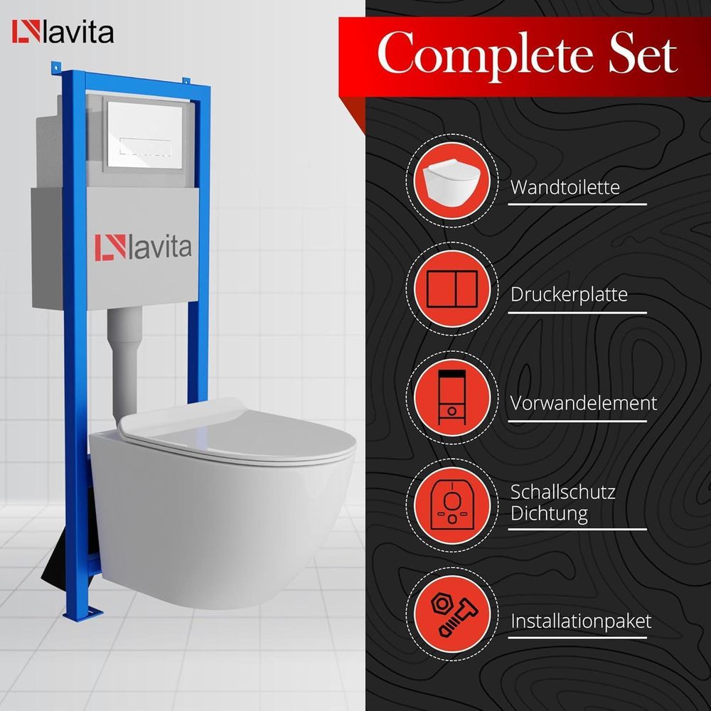 Lavita LAV 101 Vorwandelement für WC 40cm + Wand Hänge Tiefspül WC BRAVA Weiß Spülrandlos + Bedienplatte LAV 200.3.5 Gold | Komplettset | Unterputz Spülkasten | Toilette Komplett Sett