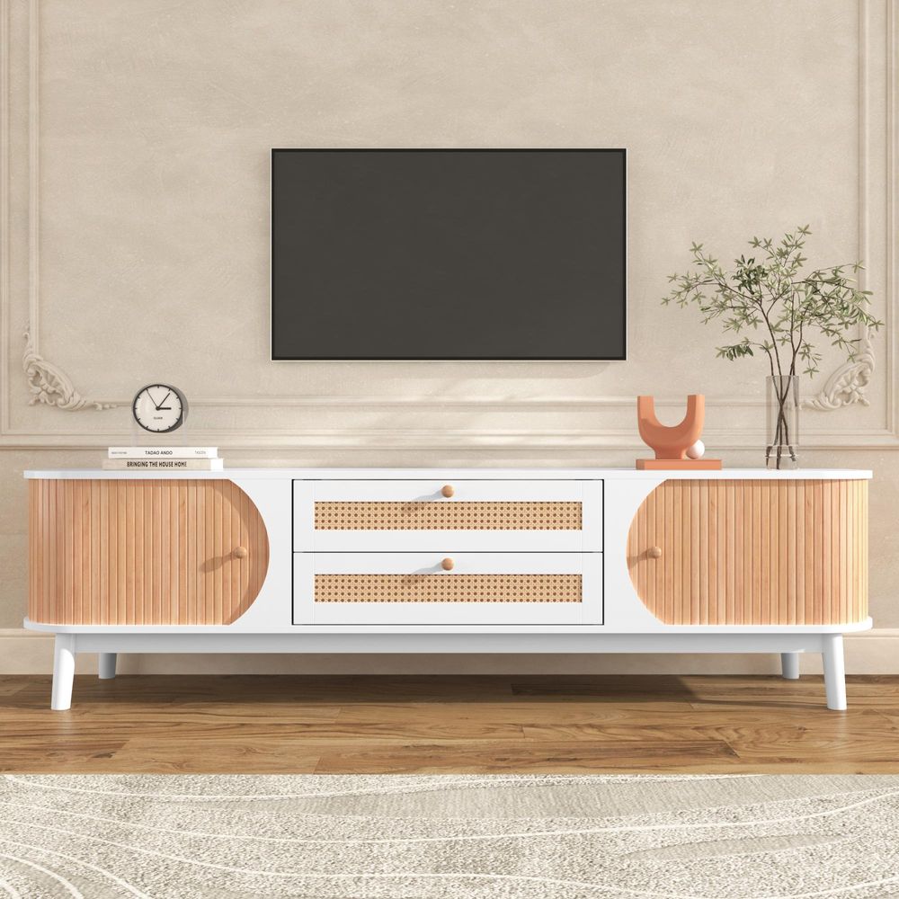 Merax TV-Schrank mit 2 Schubladen und 2 Bogenschiebetüren, Lowboard mit Rattan-Geflecht, Breite 170cm, Weiß