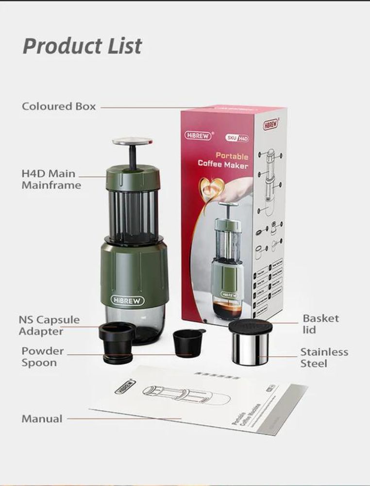 HiBREW H4D 2-in-1 Tragbare Espressomaschine für Kapseln & Kaffeepulver, 8–15 Bar Handpumpe, 80ml Wassertank, inkl. 160ml Tritan-Tasse, Manuelle Reise-