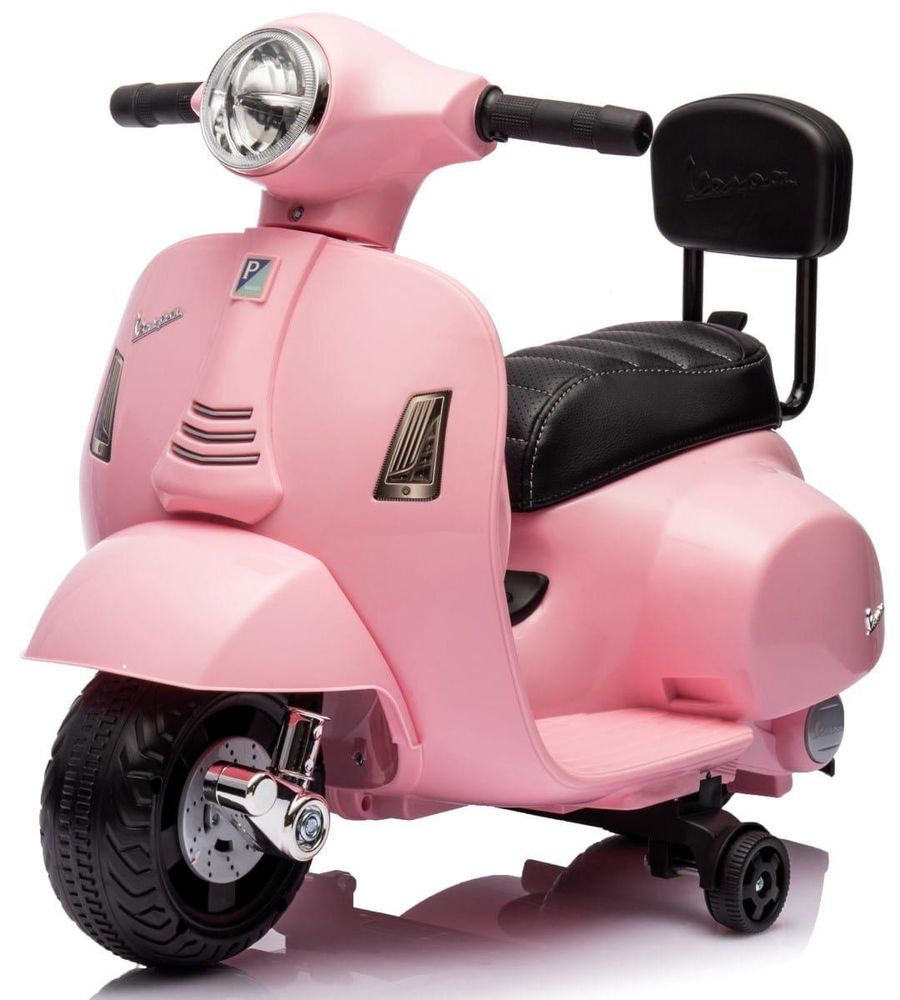 SUN BABY Vespa Kinder Elektro Motorrad in Puderrosa, Seitenansicht mit Sitz und Stützrädern