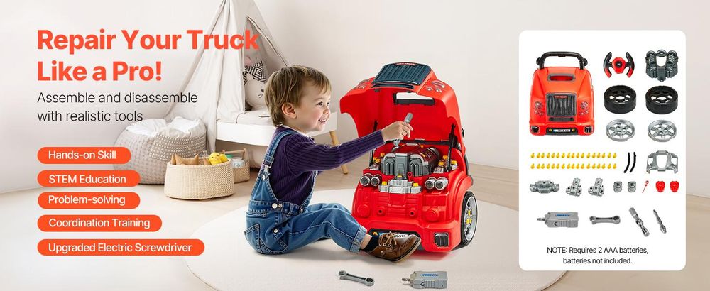 VEVOR Motorspielzeug, 60-teilig, Autoreparaturset für Kinder, mit abnehmbaren Teilen, Lichtern & Geräuschen, Lenkrad & Hupe, Mechaniker-Werkstattset