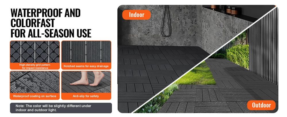VEVOR Verbunddeckfliesen, 36er Pack, 11,6"x11,6" 36 qm Kunststoff wasserdichtes Outdoor-Bodenbelag für alle Wetterbedingungen, Terrassenbodenbelag für Veranda, Poolseite, Balkon, Garten, Dunkelbraun, Dunkelgrau-PP-36 Stück