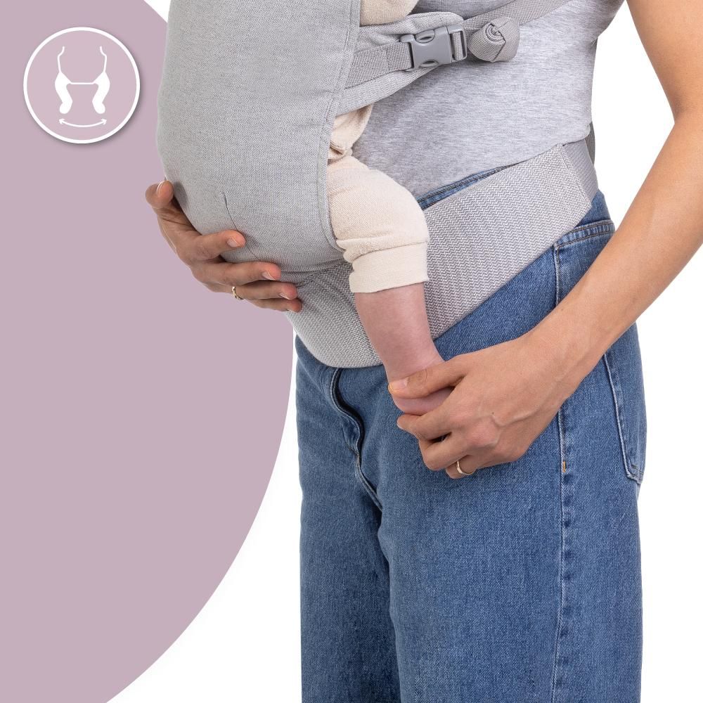 MoMi COLLET – Ergonomische Babytrage für vorne & hinten, verstellbar, bis 15 kg, physiologisch & rückenschonend, mit Kapuze & Tasche – Grau