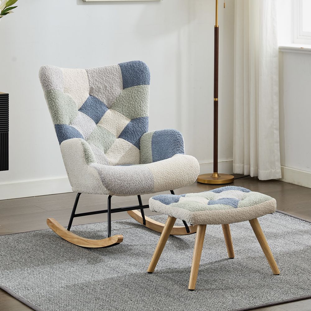 Merax Schaukelstuhl Relaxsessel mit Fußhocker, Patchwork Sessel mit Hahnentrittmuster, Polsterstuhl mit Wippfunktion & Sicherheitsdesign – Beige/Blau