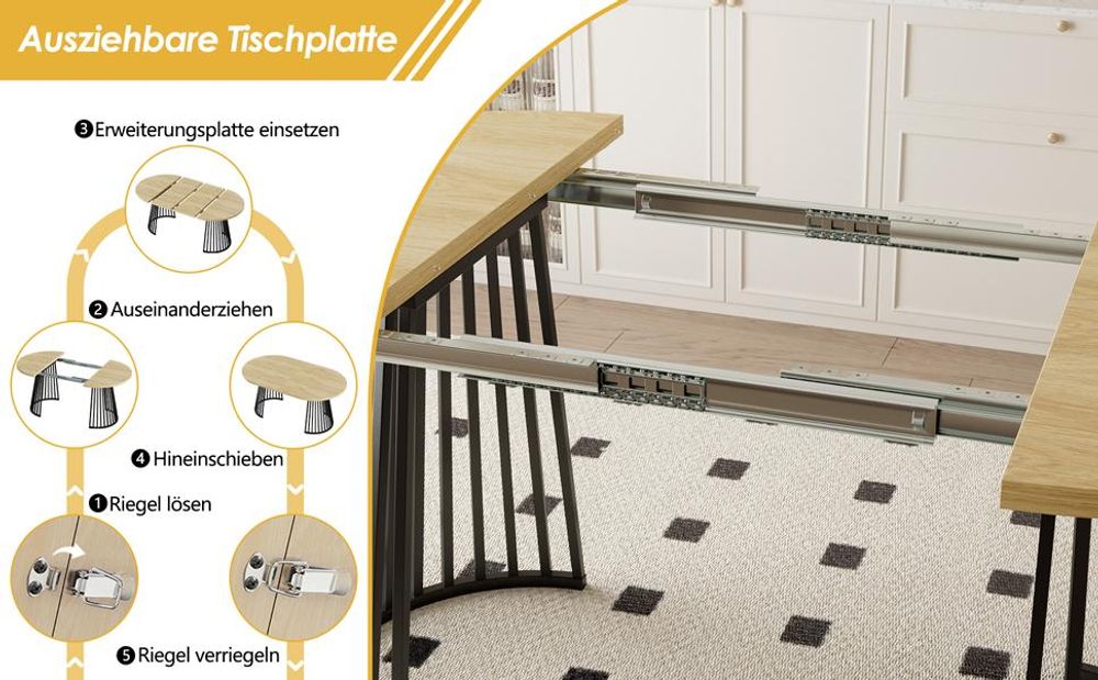 Runder Ausziehbarer Tisch für Esszimmer, 100-180cm 4-8 Personen, Esstisch Skandinavische Loft-Stil Saulengestell mit Rillenstruktu Metallbeinen