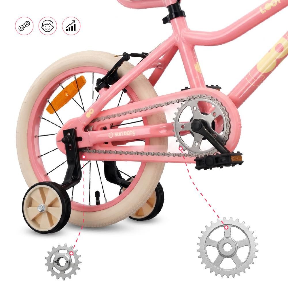Vélo pour enfants SUN BABY LOOFI 16 pouces, vélo léger en aluminium de 6,9 kg pour les enfants à partir de 4 ans, avec roues d'appoint, panier, sonnette et siège pour poupée, pour filles